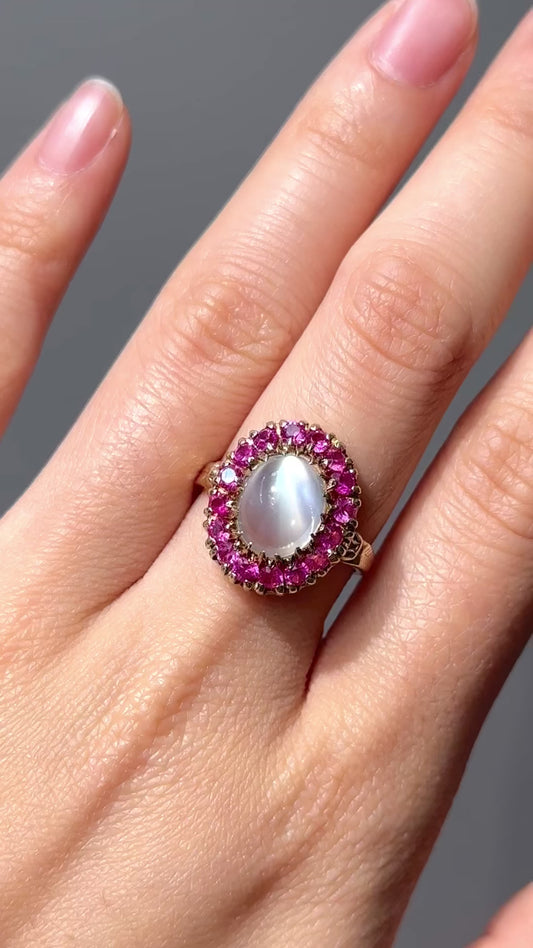 Victorian 10K Gold Moonstone Ruby Halo Ring