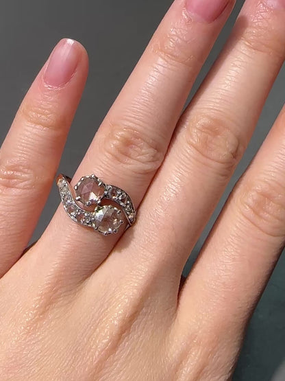 古董铂金镶 18K 金 2.16 CTW 玫瑰切割钻石 Toi Et Moi 戒指