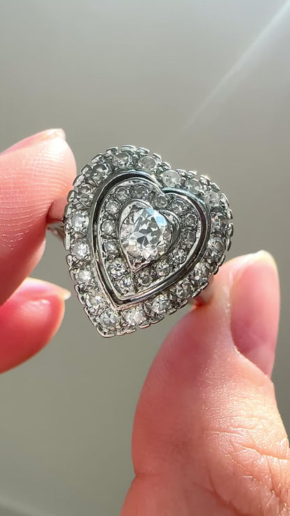 Vintage 14K White Gold 0.95 CTW Diamond Heart Ring