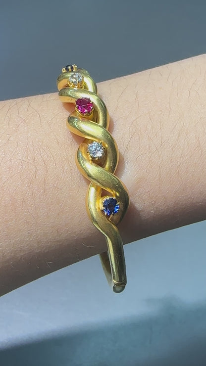 古董 18K 金天然蓝宝石钻石红宝石手镯