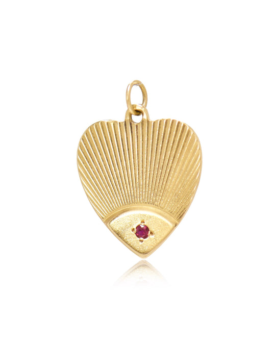 Vintage 14K Gold Ruby Engine Turned Heart Charm