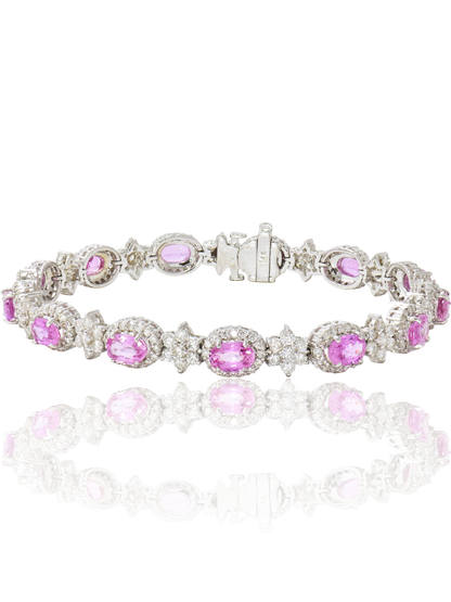 14K Gold Pink Sapphire Diamond Halo Tennis Bracelet