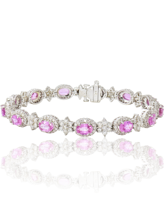 14K Gold Pink Sapphire Diamond Halo Tennis Bracelet