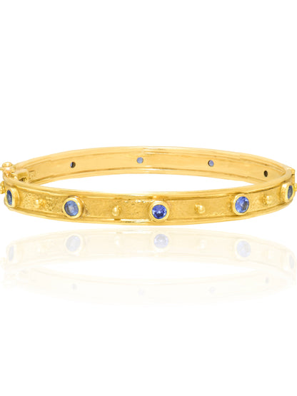 18K Gold Sapphire Hammered Bangle Bracelet