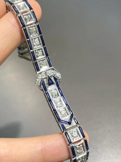 Art Deco Platinum 2.94 CTW Diamond Sapphire Buckle Bracelet