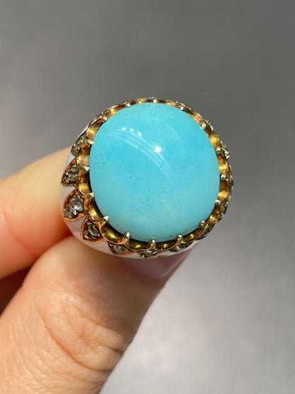Antique 14K Gold Turquoise Enamel Diamond Ring