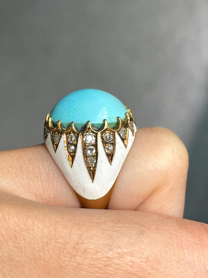 Antique 14K Gold Turquoise Enamel Diamond Ring