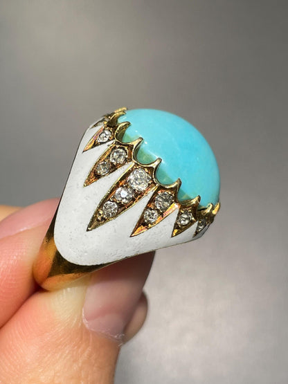 Antique 14K Gold Turquoise Enamel Diamond Ring