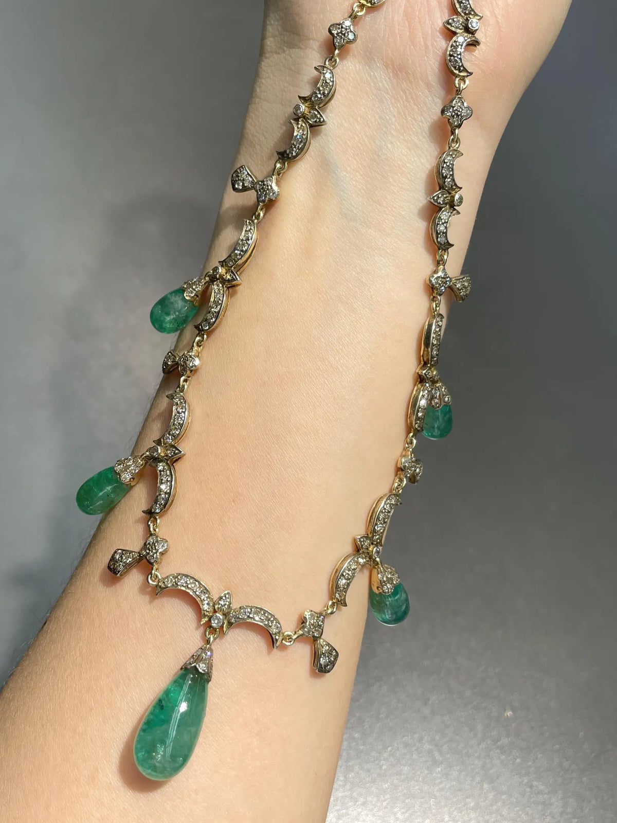 Antique 14K Gold Topped Silver Emerald Diamond Drop Necklace