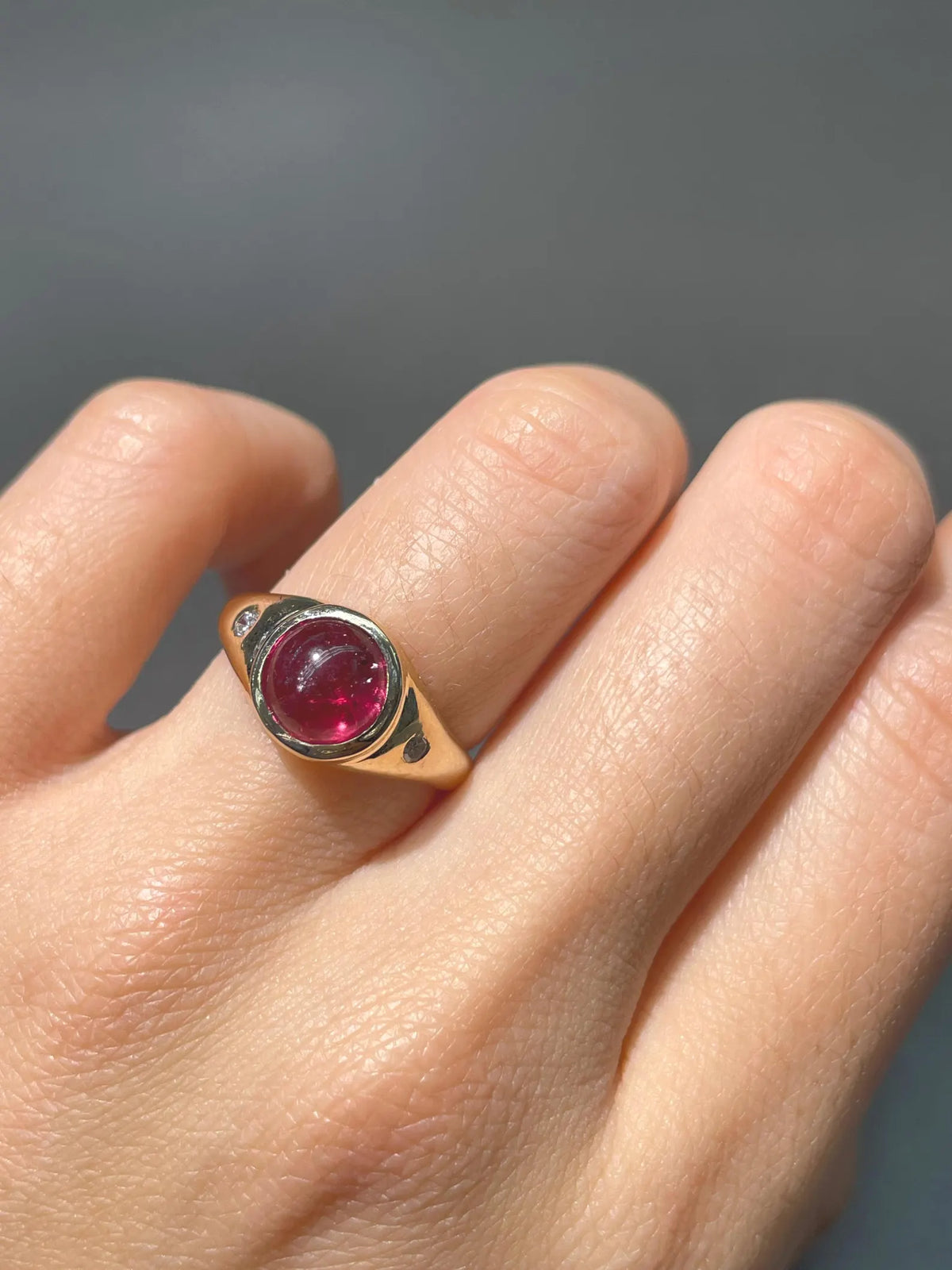 14K Gold Pink Tourmaline Diamond Three Stony Gypsy Ring