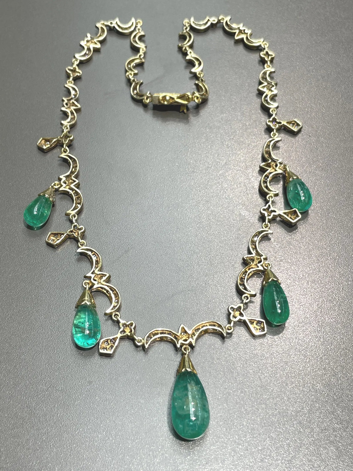 Antique 14K Gold Topped Silver Emerald Diamond Drop Necklace