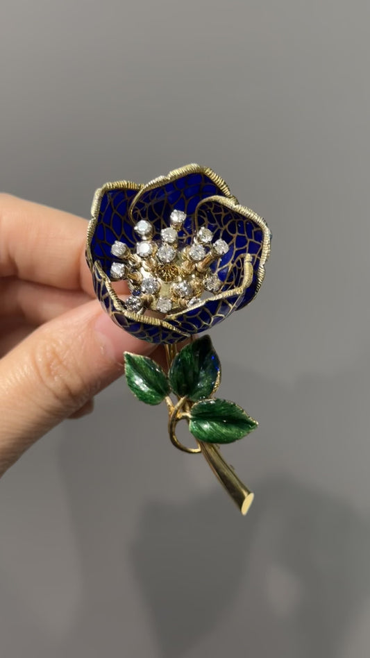 Vintage 14K Or Diamant Plique-A-Jour Émail 'En Tremblant' Fleur