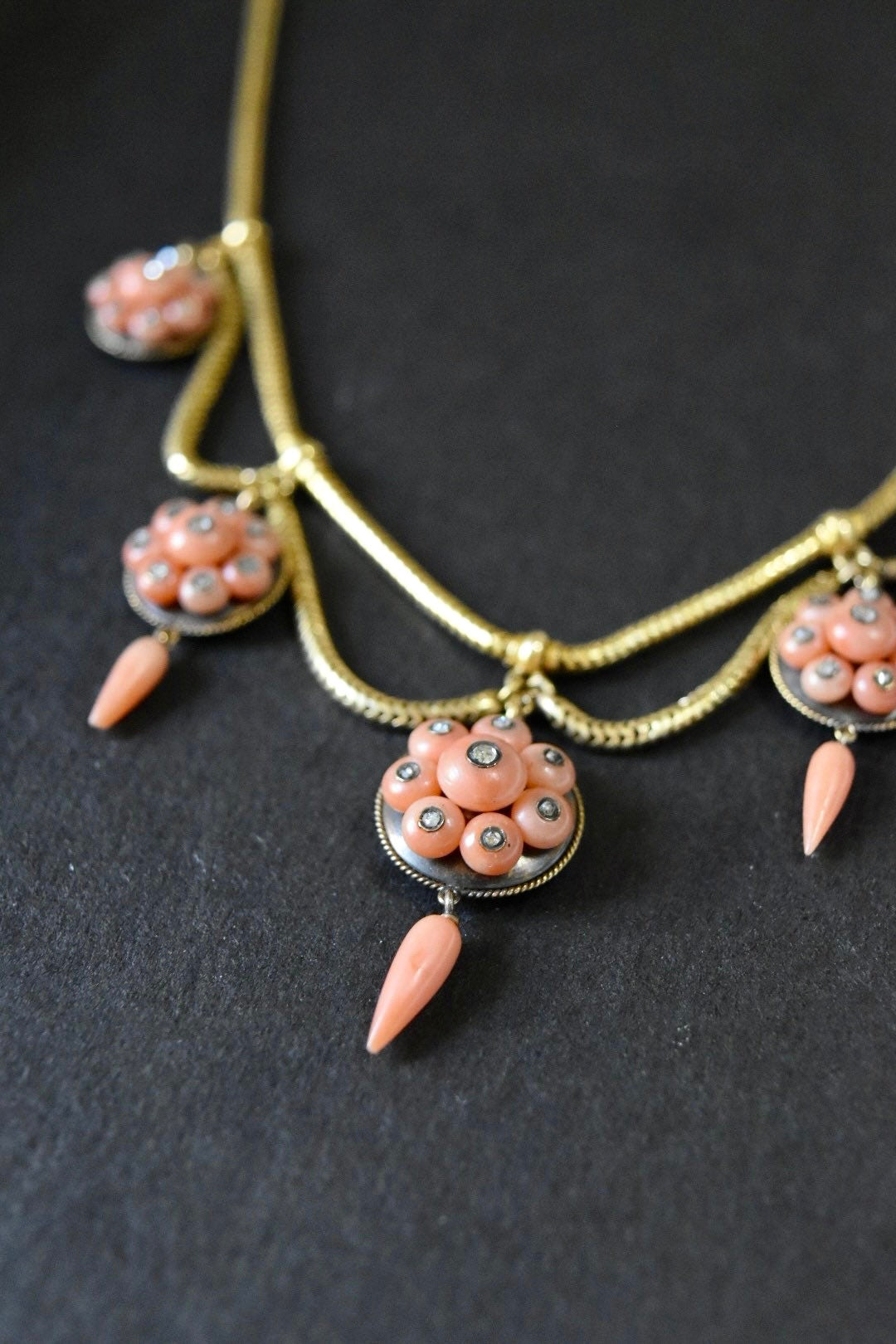 Victorian 15CT Gold Natural Coral and Diamond Snake Chain Festoon Necklace