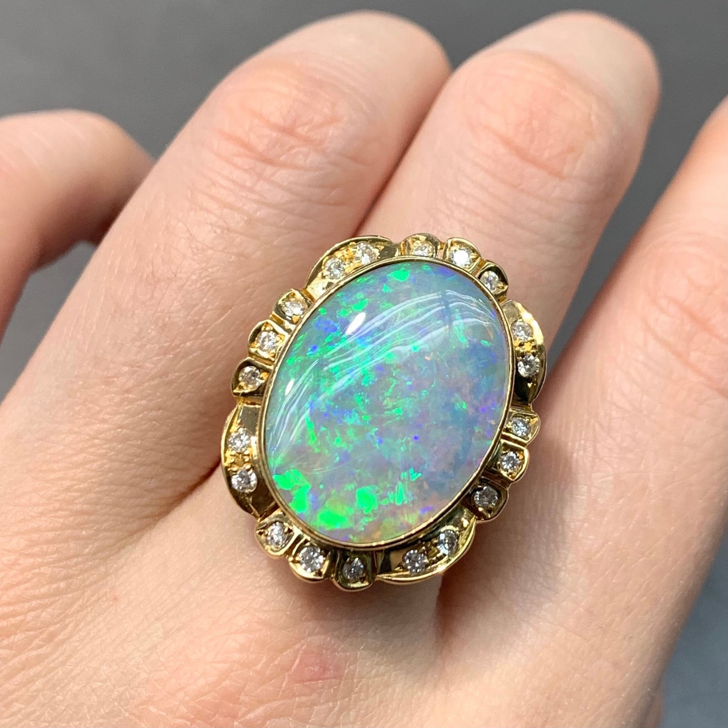 Vintage 18K Yellow Gold Natural Australian Opal And Diamond Ring