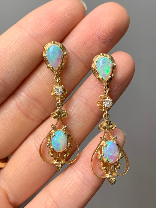 Victorian 14K Gold Opal and Diamond Drop Earring