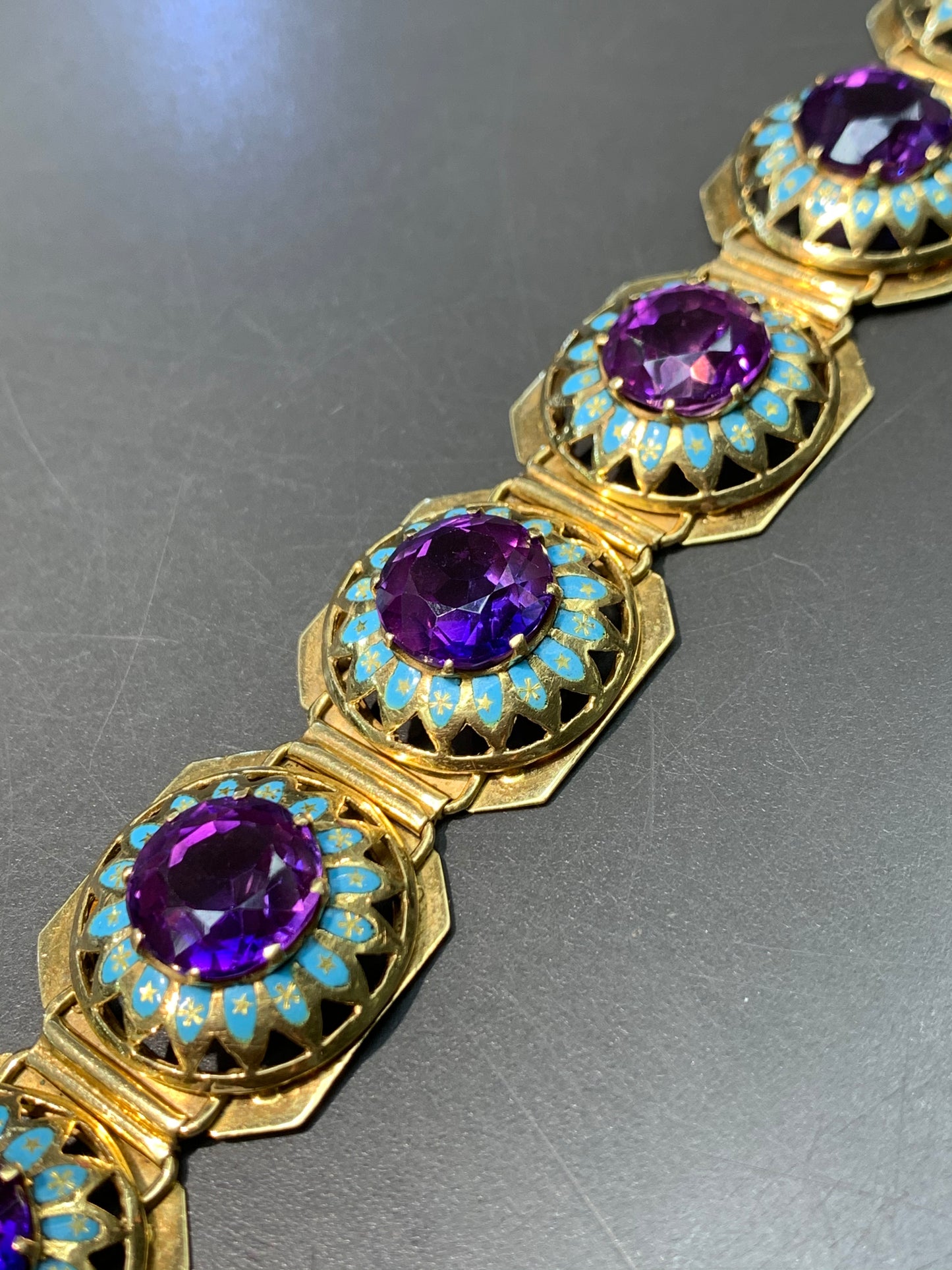 Victorian 18K Gold Enamel Amethyst Hexagon Link Bracelet