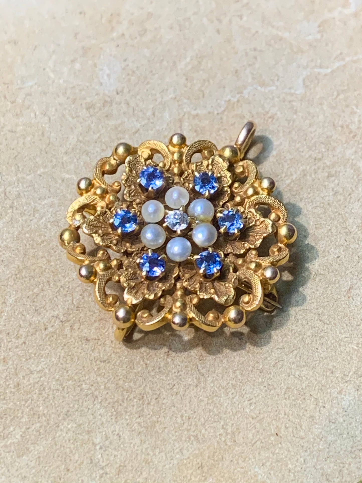 Art Nouveau 14K Gold Krementz & Company Sapphire Pearl and Diamond Flower Brooch 1st Term Payment