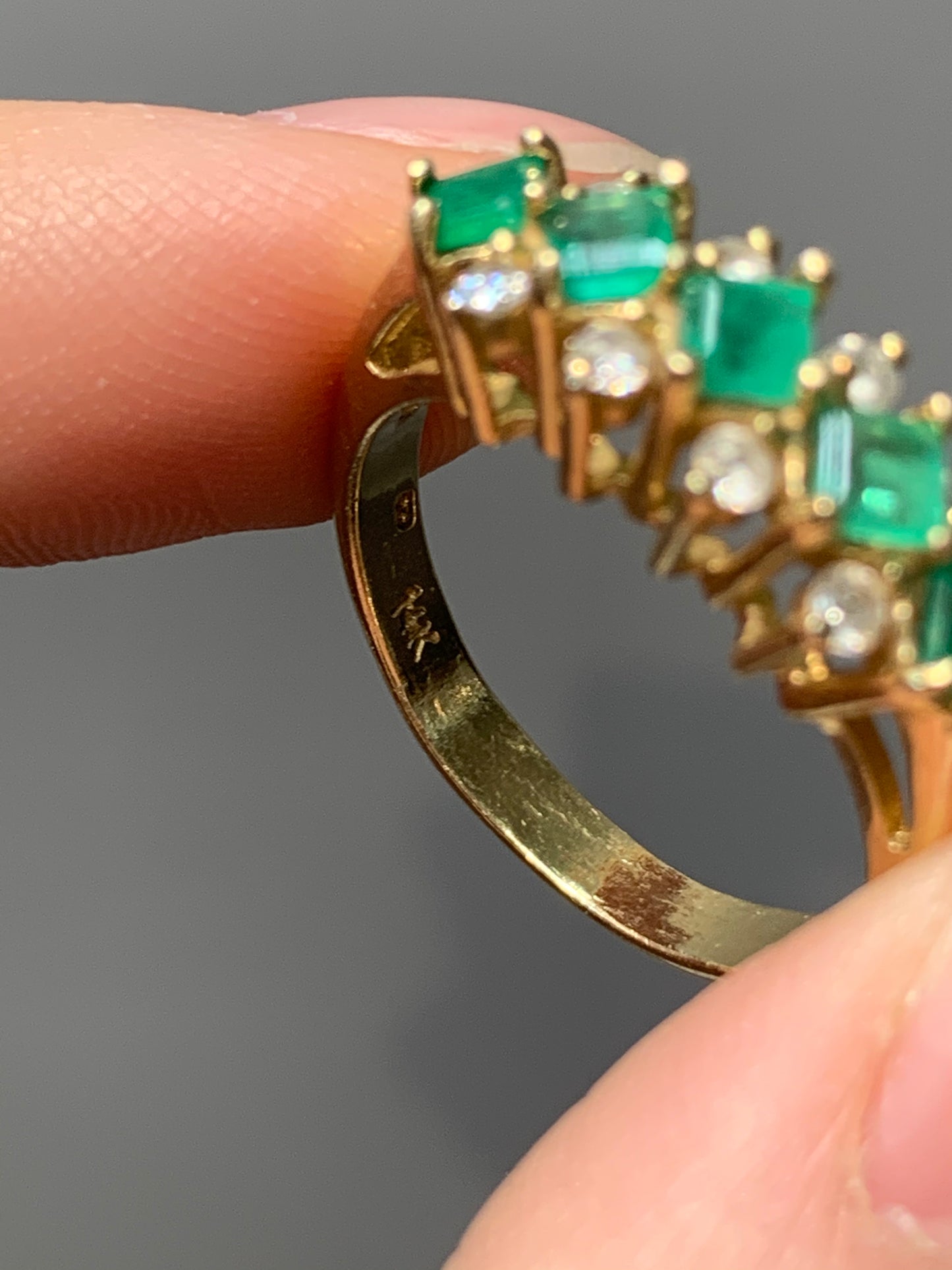 Vintage 18K Gold Calibre Cut Emerald and Diamond Ring