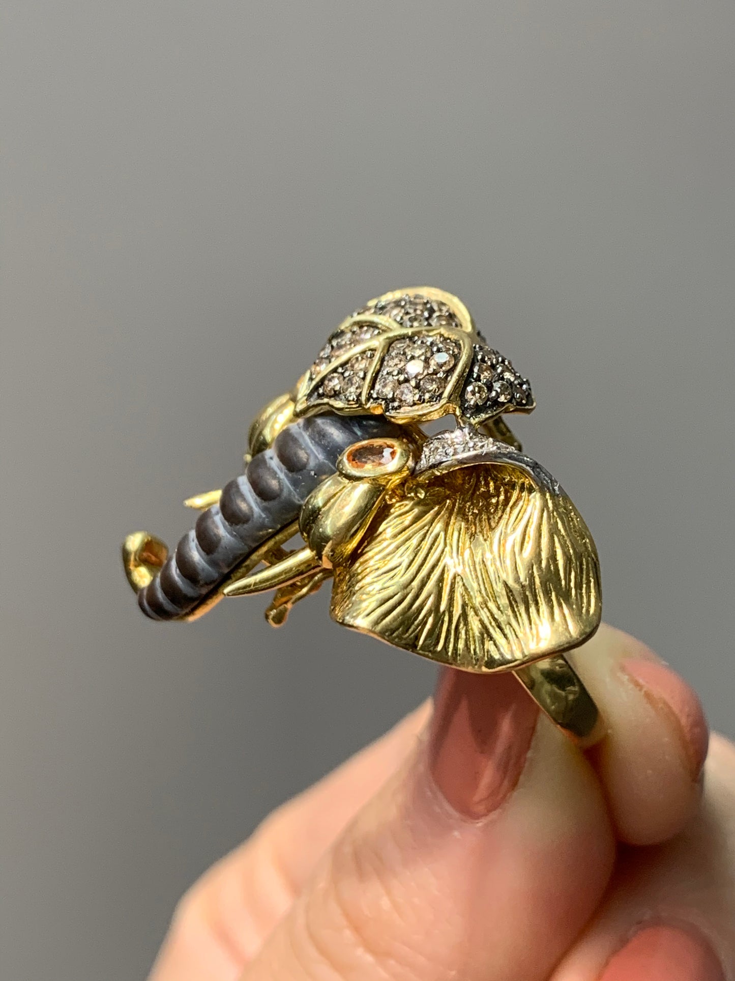 Vintage Champagne Diamond Mother of Pearl and Citrine Elephant Ring