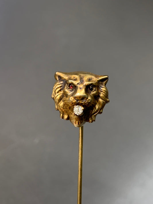 Victorian 14K Gold Garnet and Diamond Lion Stick Pin