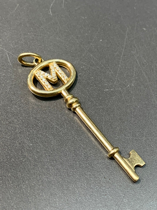 14K Yellow Gold Letter M Diamond Key Pendant