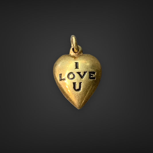 Charme coeur en émail vintage en or 14 carats « I LOVE YOU »