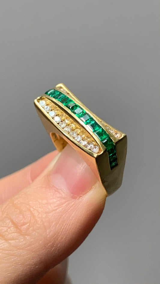 复古 18K 金绿宝石和钻石结构戒指，尺寸 6