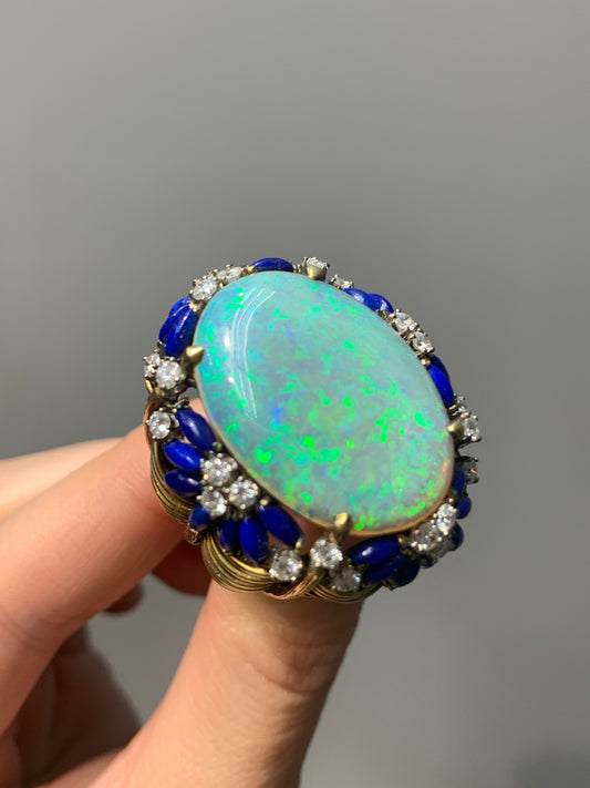 Retro 18K Yellow Gold Natural Australian Opal and Lapis and Diamond Ring