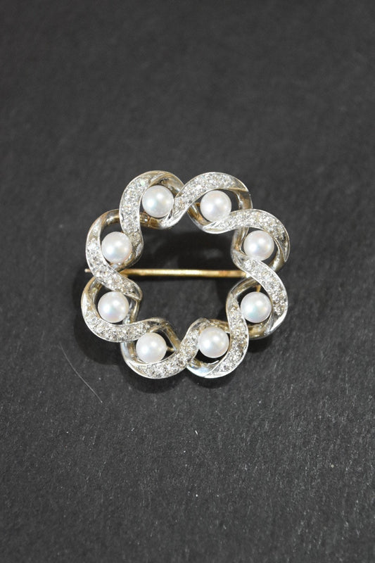 Vintage Platinum and 18K Gold Diamond and Pearl Circle Twisted Brooch