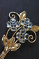 vintage 14K Or Aigue-marine Et Saphir Cluster Trois Bouquet De Fleurs Broche