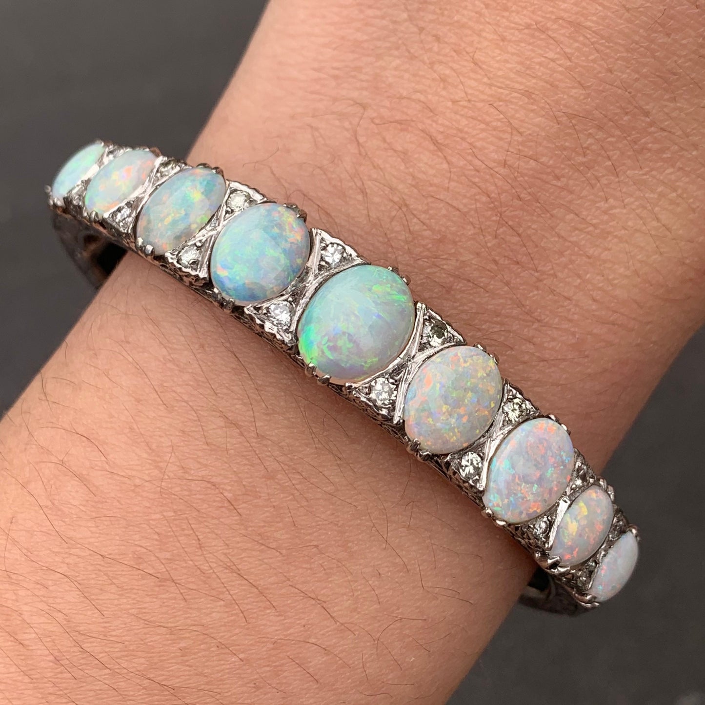 Antique Palladium White Gold Natural Opal Cabochon and Diamond Bracelet Bangle