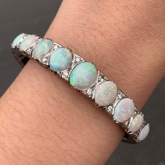 Antique Palladium White Gold Natural Opal Cabochon and Diamond Bracelet Bangle