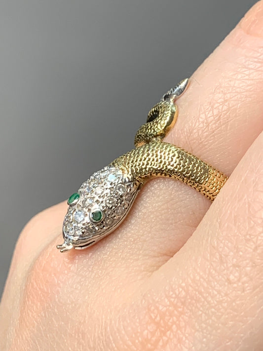 Vintage 14K Gold Diamond Emerald Snake Ring