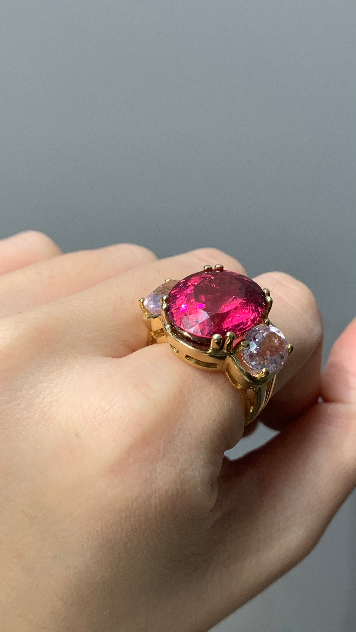 14K Gold Pink Tourmaline and Kunzite Three Stone Ring