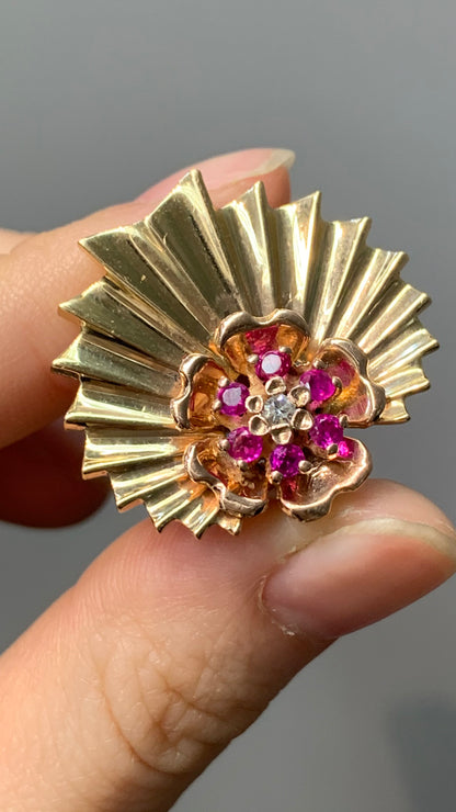 复古 14K 金扇形红宝石钻石耳环