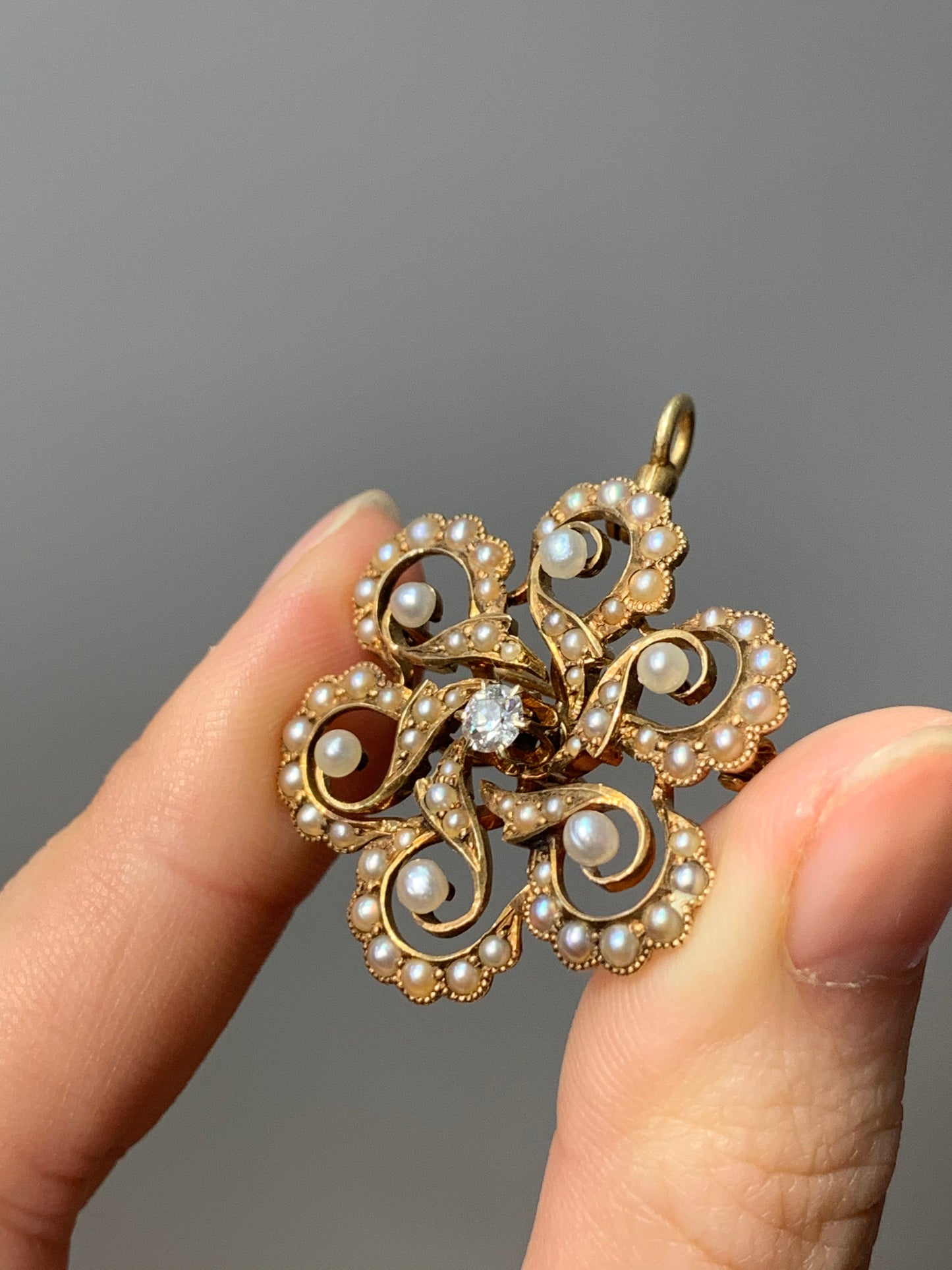 Art Nouveau 14K Gold Spiral Flower Diamond and Seed Pearl Pendant Brooch