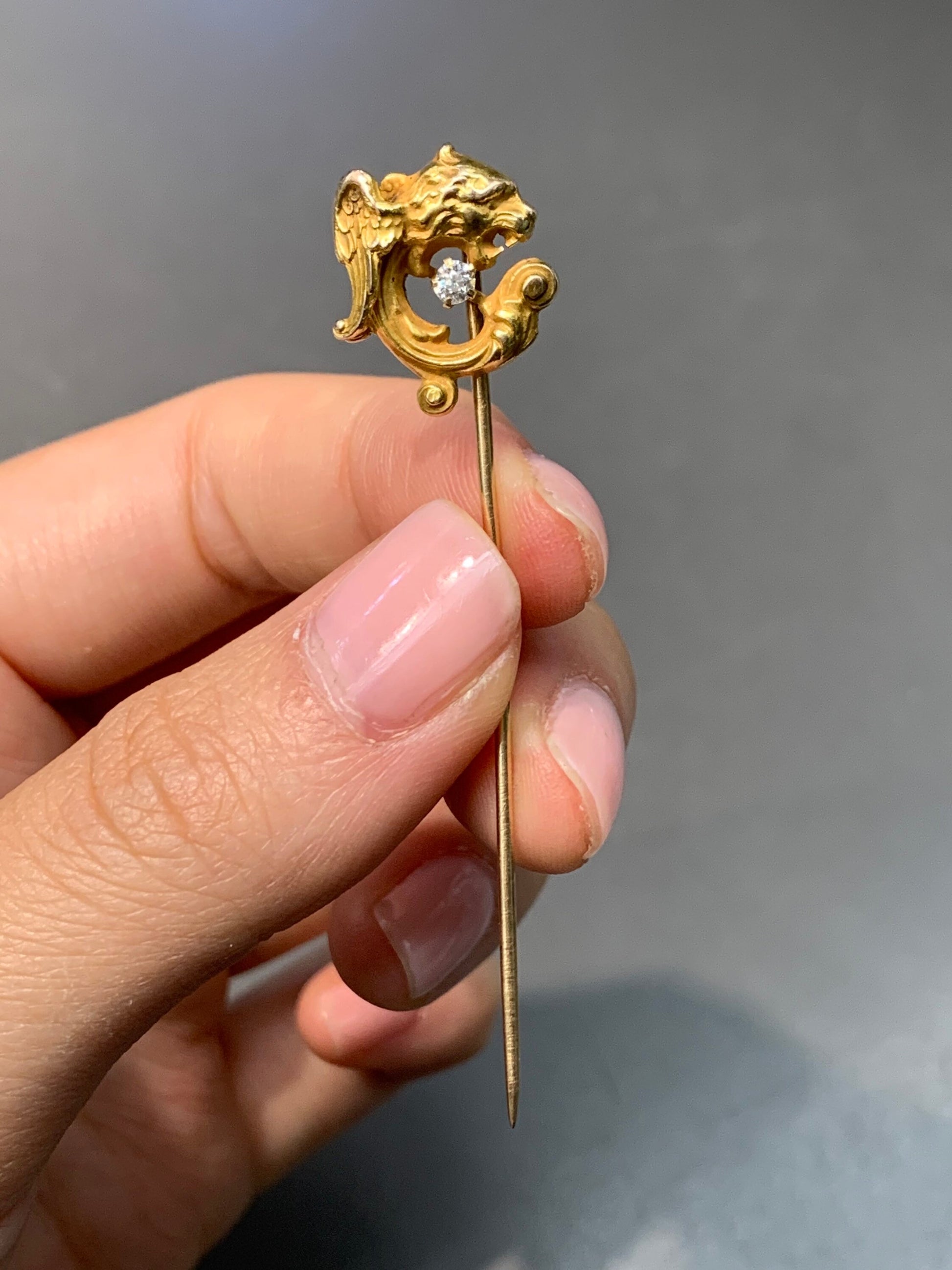 14K Yellow Gold Diamond and Sapphire Stick Pin, Art Nouveau, Circa