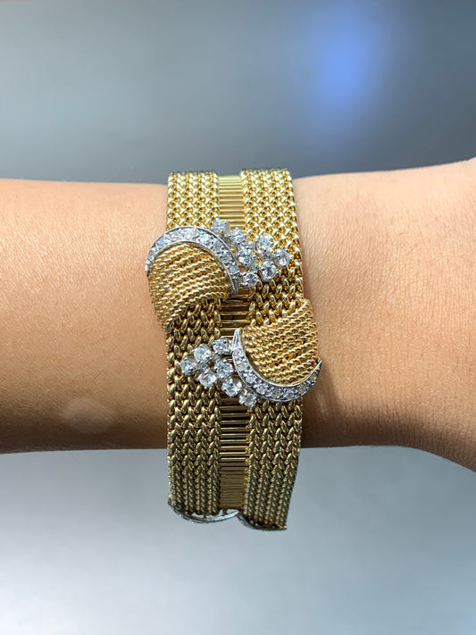 Vintage 14K Gold Mesh Woven Diamond Buckle Adjustable Bracelet