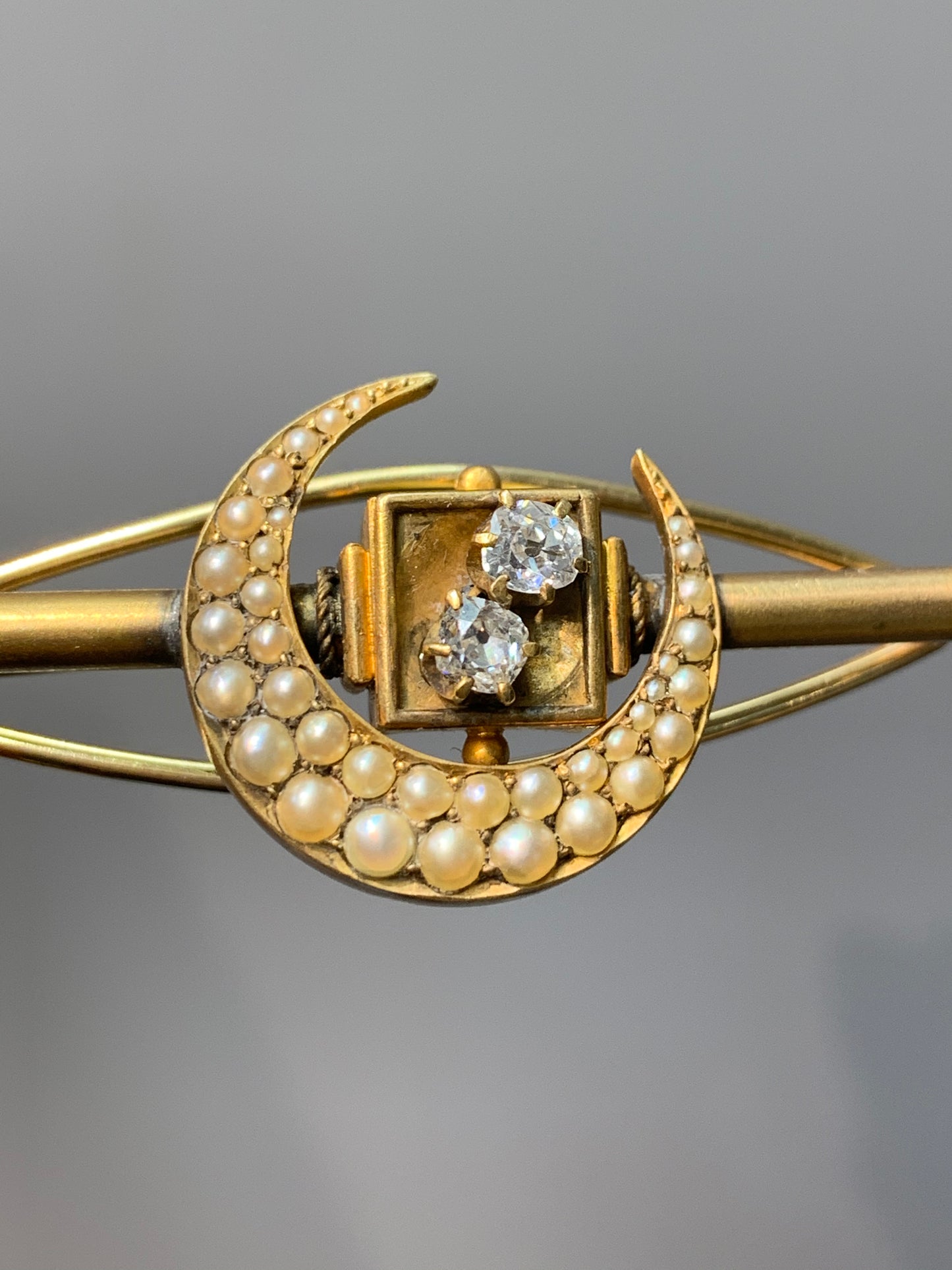 Victorian Etruscan 14K Gold Diamond and Seed Pearl Crescent Brooch/Hair Clip