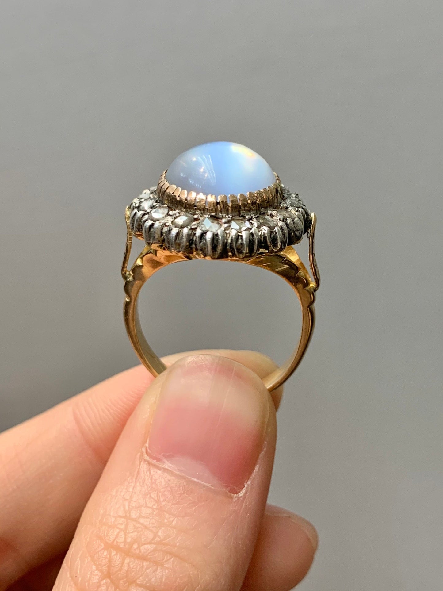 Georgian 14K Gold Topped Silver Moonstone and Rose Cut Diamond Ring