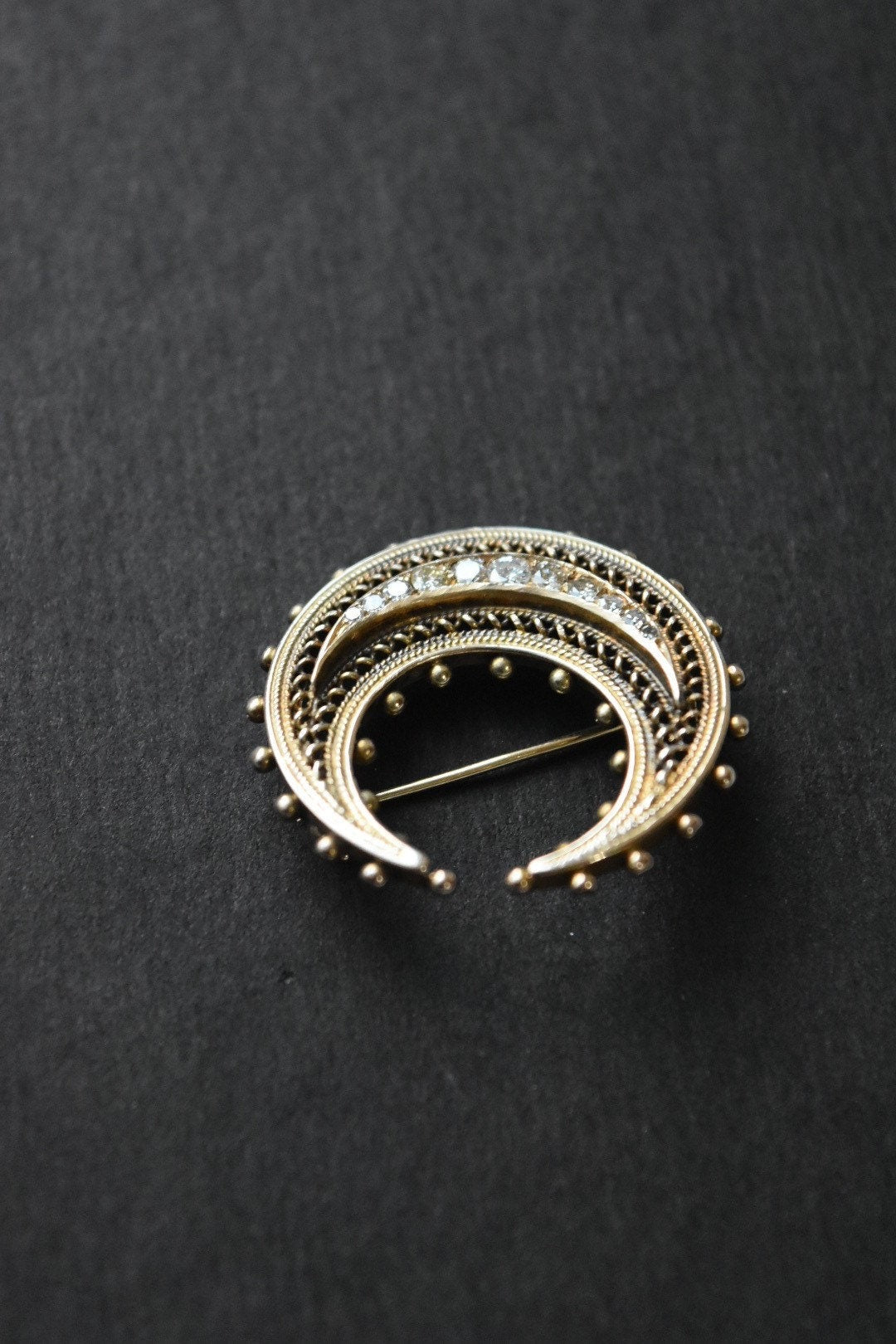 Victorian 15CT Gold Old Cut Diamond Crescent Brooch