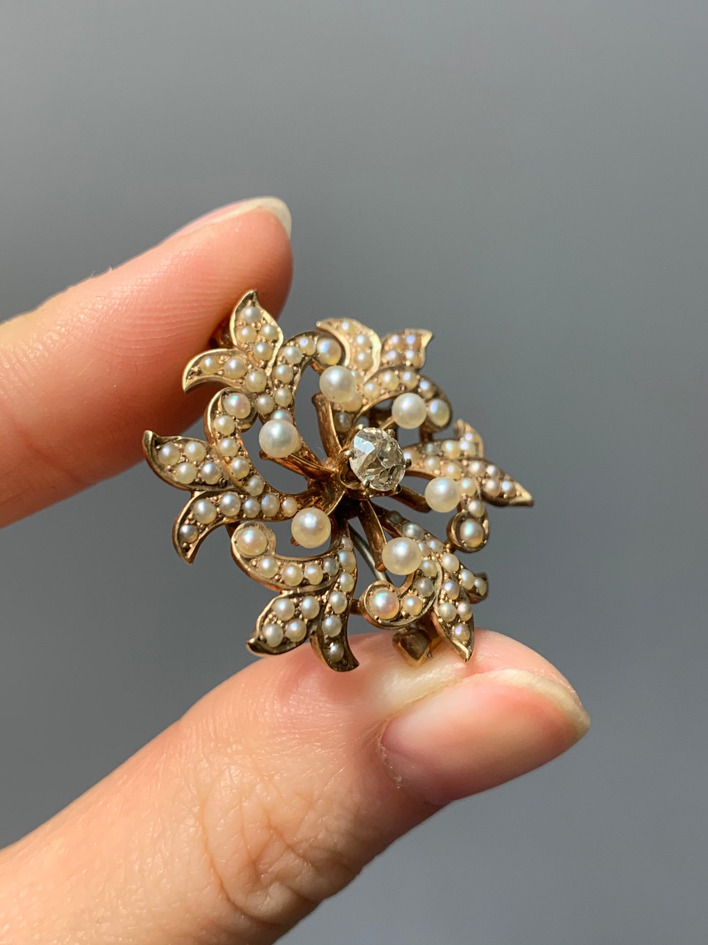 Art Nouveau 14K Gold Crane and Theurer Diamond and Seed Pearl Flower Pendant Brooch