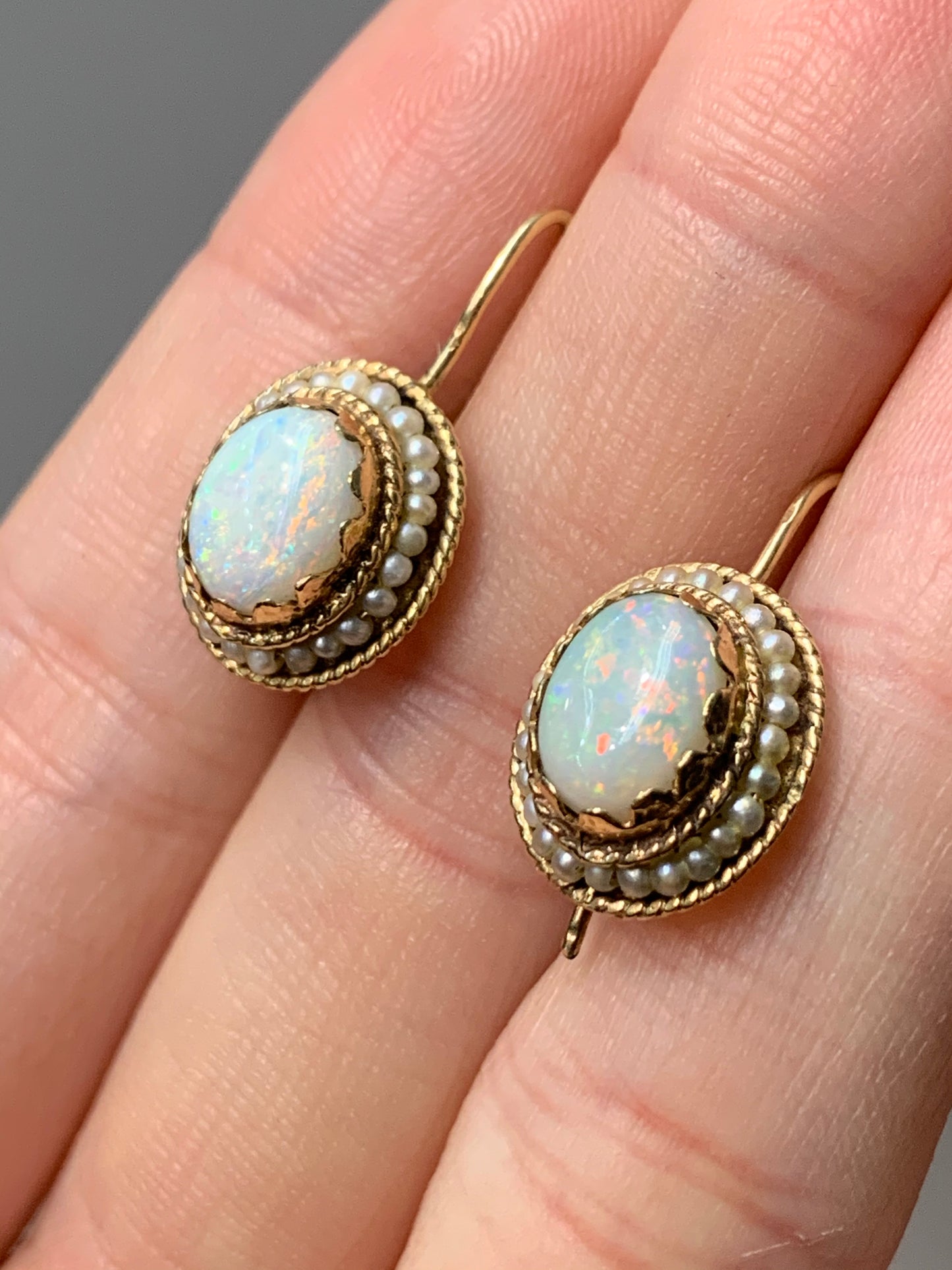 Victorian 14K Gold Opal and Seed Pearl Earring