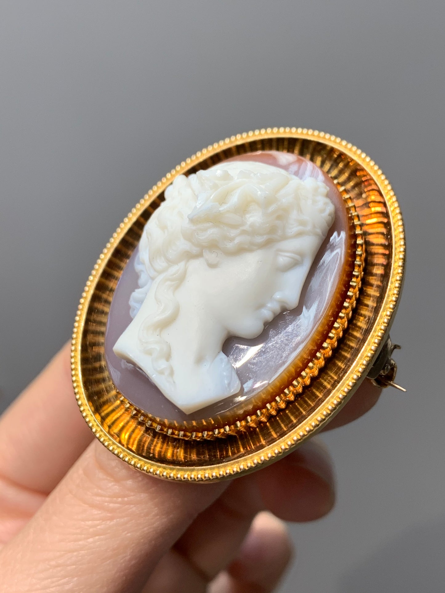 Victorian 14K Gold Cameo Mirrored Concave Brooch Pendant