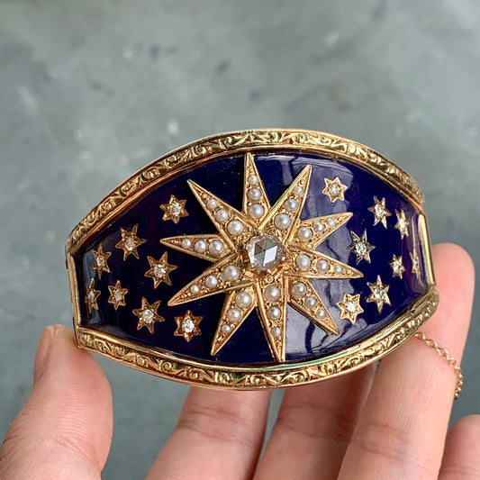 Victorian 14K Gold Blue Enamel Natural Pearl and Diamond Star Burst Bangle