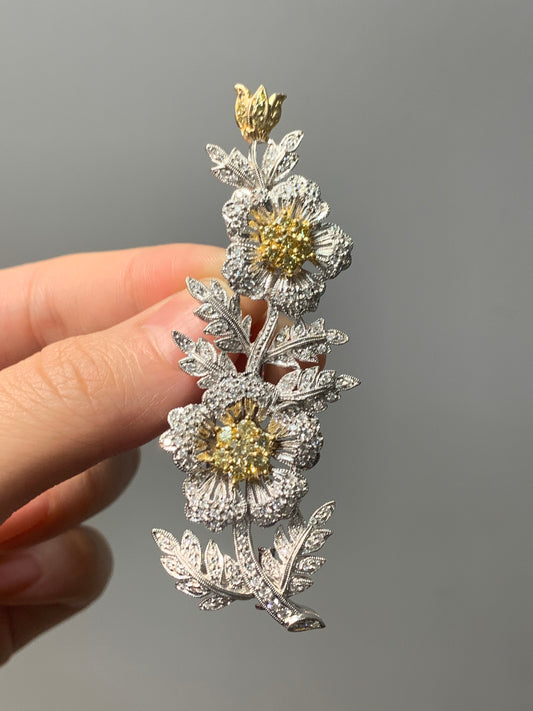 Vintage 18K Gold White and Yellow Diamond Cluster Flower Stem Brooch