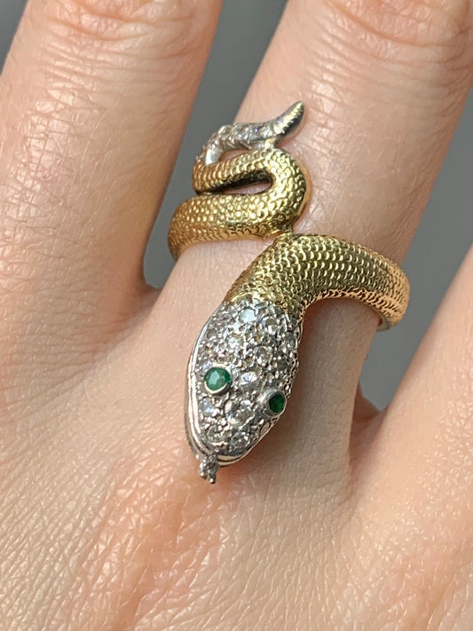 Bague serpent émeraude diamant vintage en or 14 carats