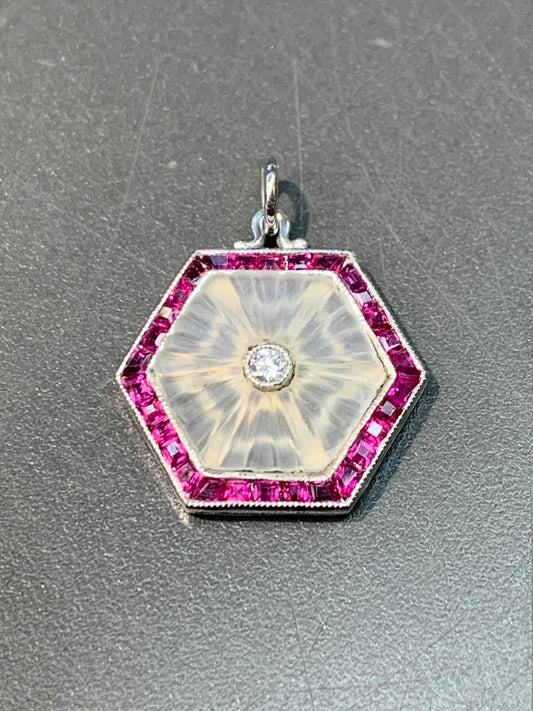 Art Deco Platinum/18K Gold Camphor Glass Ruby Hexagon Pendant Charm