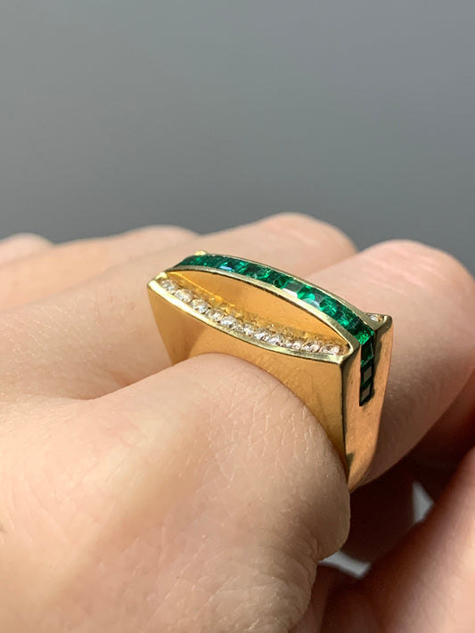复古 18K 金绿宝石和钻石结构戒指，尺寸 6