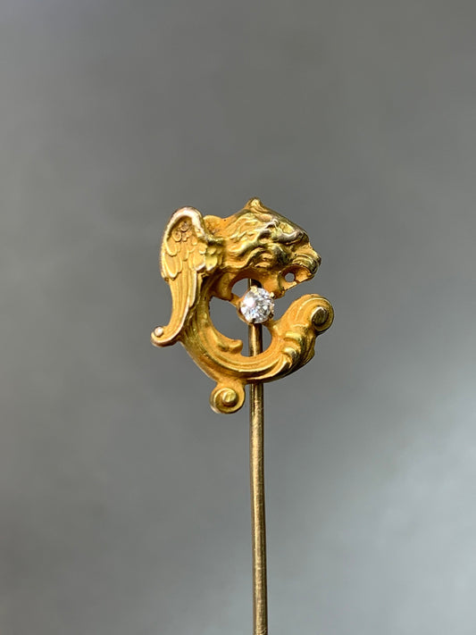 Art Nouveau Alling & Co  14K Gold Winged Griffin Diamond Stick Pin